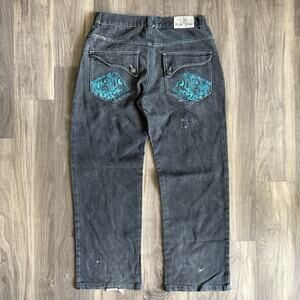 Vintage Y2K Raw Blue Jeans Men’s Size 34x30 Skull Black Baggy Wide Leg